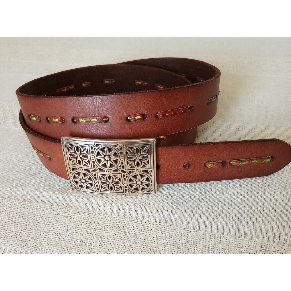 RG Bertrand Leather Belt W/Rectangular Silver Buckle Size:44 NWT Brown